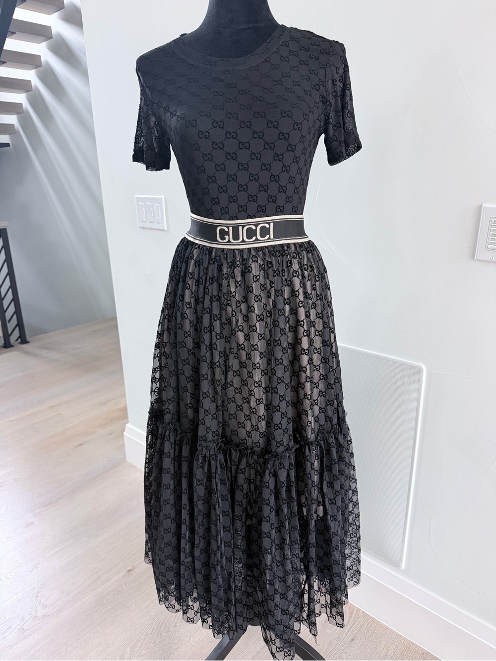 Black Sheer bodysuit with Matching Monogram Flowing skirt size S
